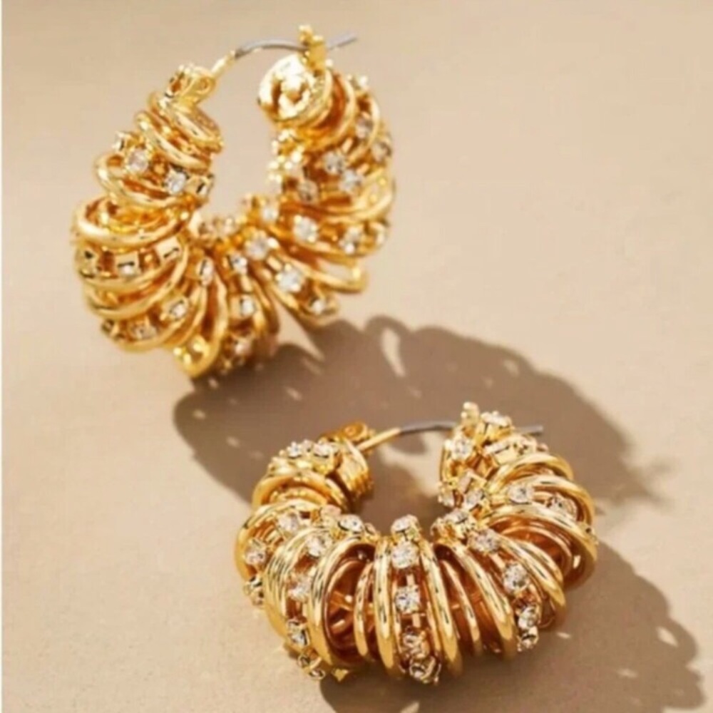 New! 24k Gold Plated Crystal Wire Hoop Earrings